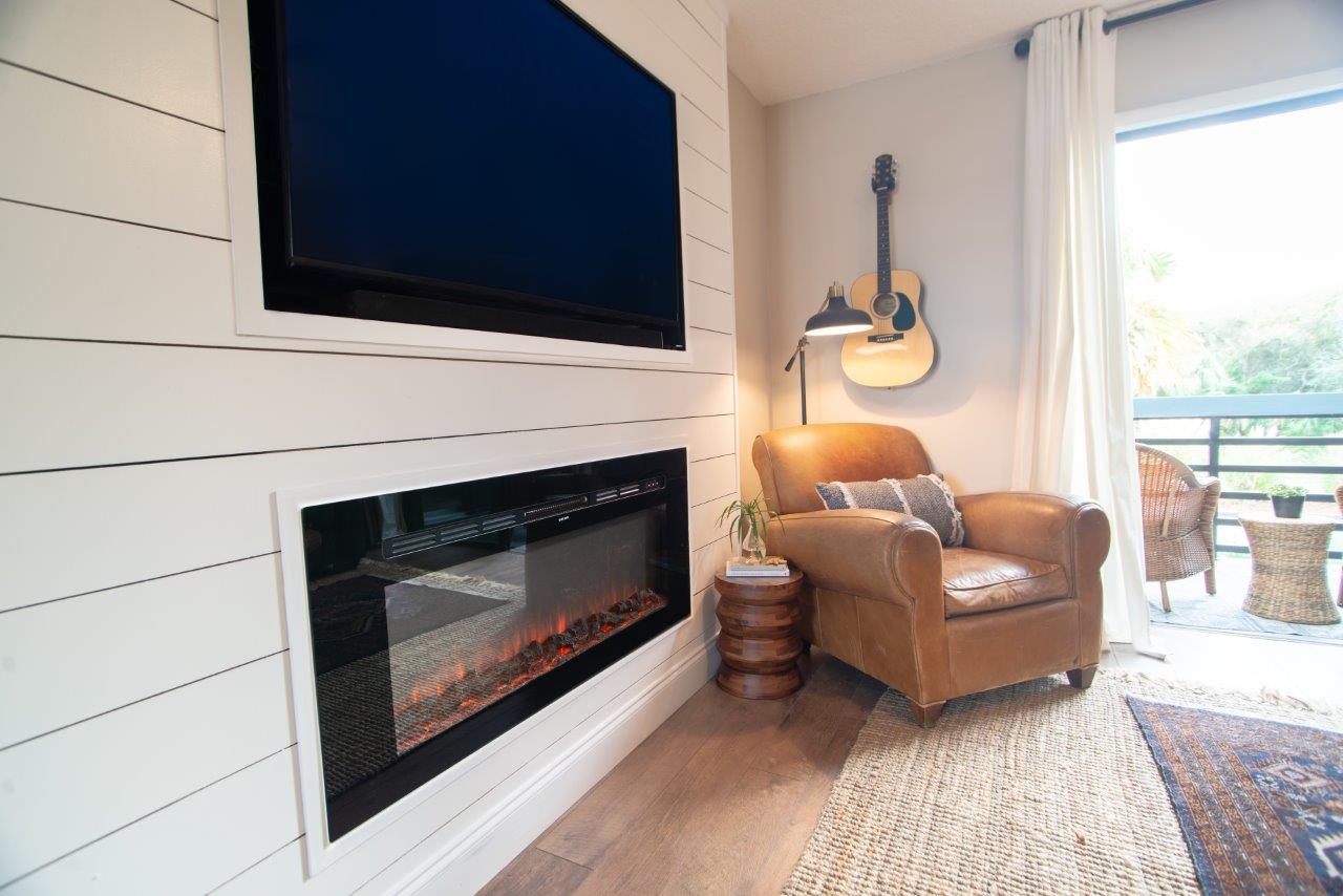 Flat screen and fireplace